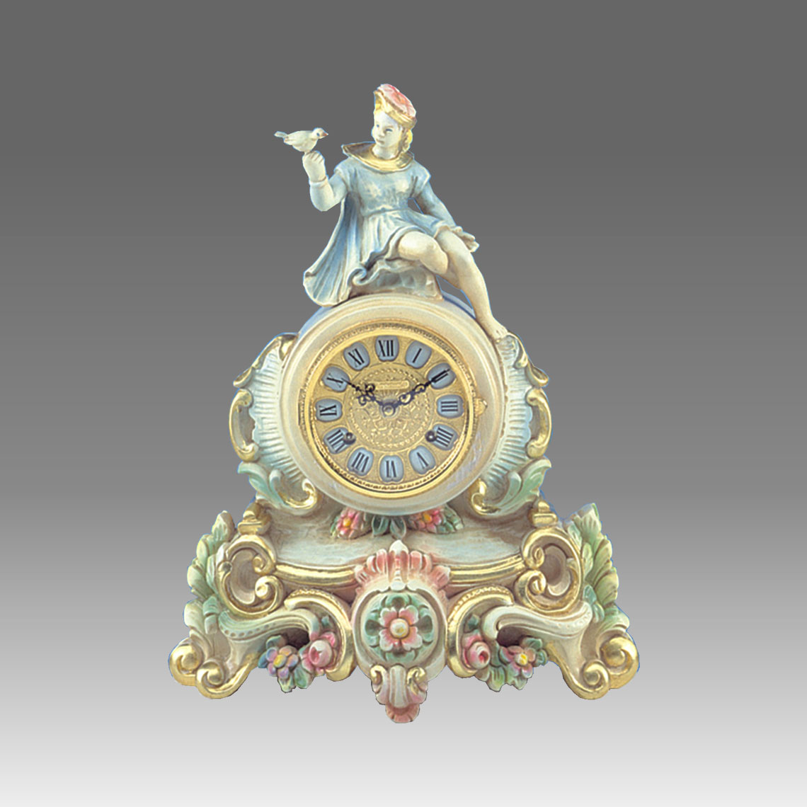 Mante Clock, Table Clock, Cimn Clock, Art.332/3 lacquered white patinated with gold leaf and decoration- Bim Bam melody on Bells, gilt gold round dial
